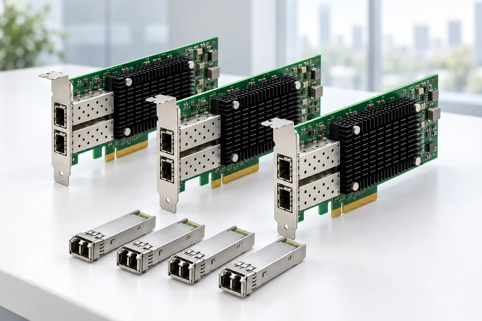 Illustration publicitaire d’un lot de cartes serveur et de modules SFP présentés sur une table blanche dans un bureau lumineux