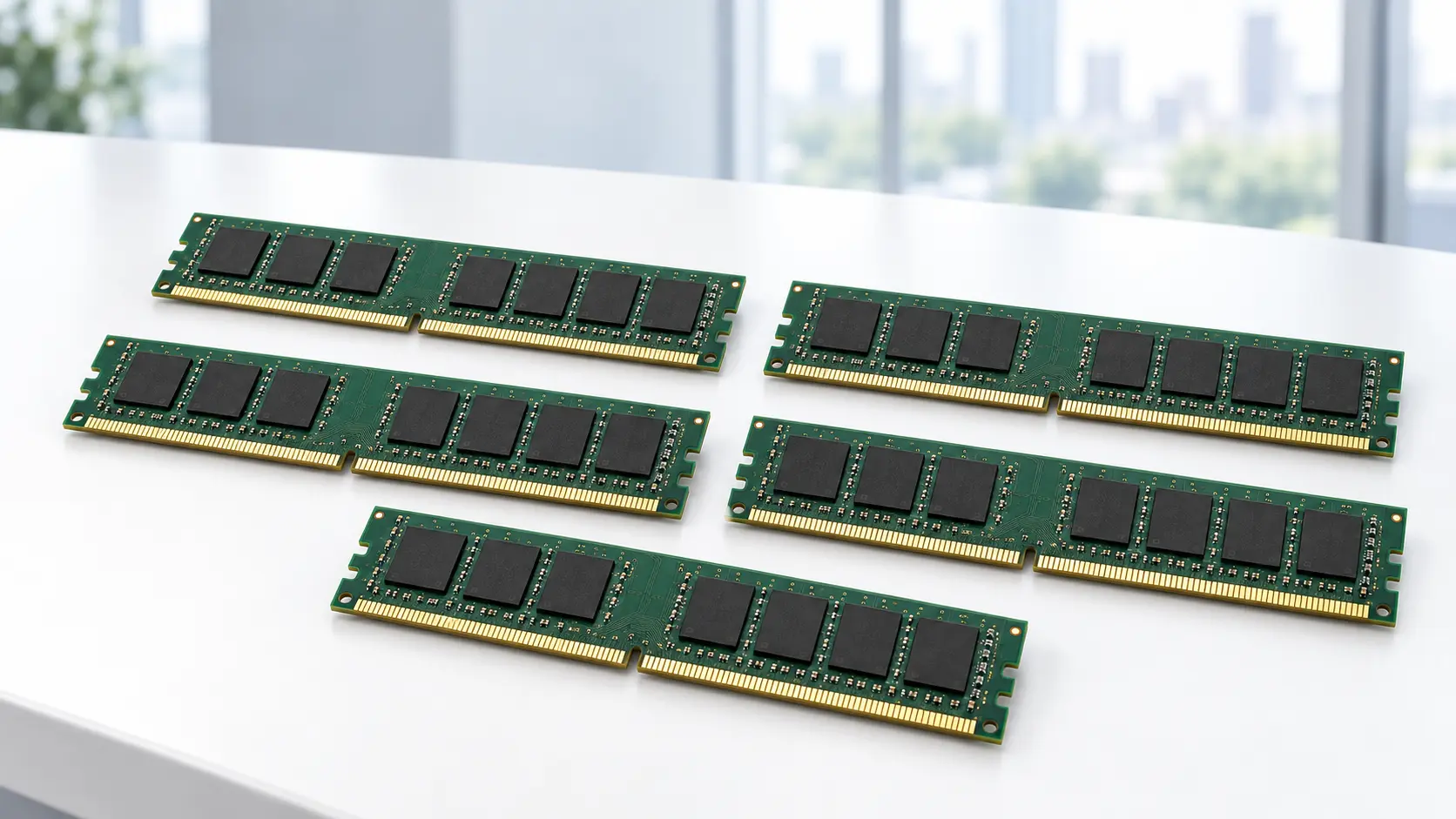 Illustration publicitaire d’un lot de mémoires DDR4 présentées sur une table blanche dans un bureau lumineux